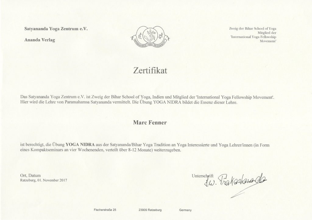 Satyananda Yoga Nidra Weiterbildung Zertifikat von Marc Fenner