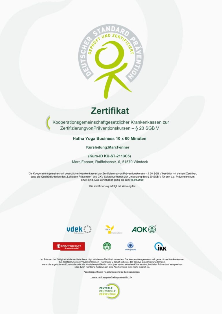 ZPP Marc Fenner Hatha Yoga Business Kurs 10 x 60 Minuten Zertifikat Präventionskurs - Entspannung und Stressprävention